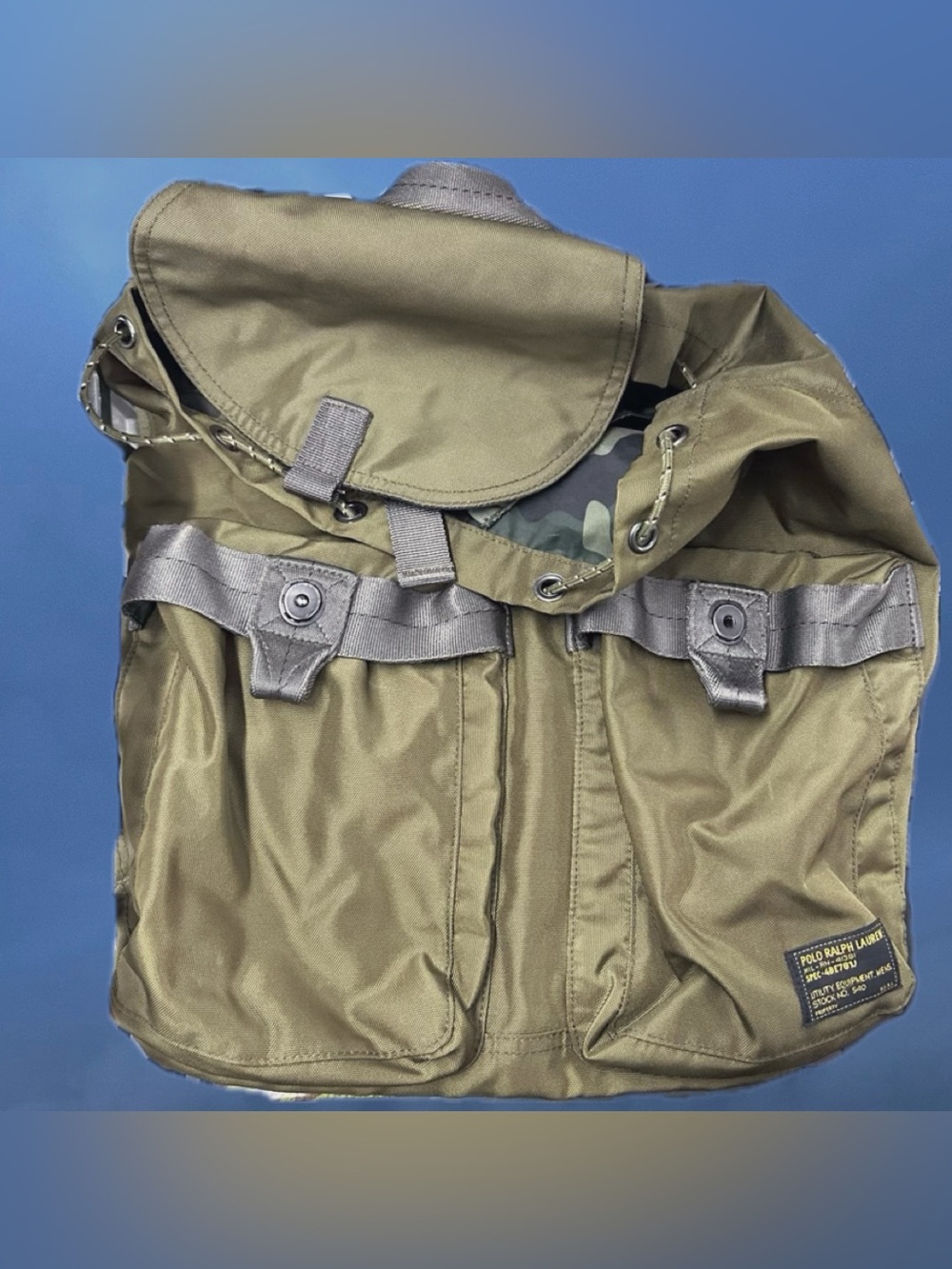 Ralph Lauren Olive Drawstring Backpack with Front Flap Pockets